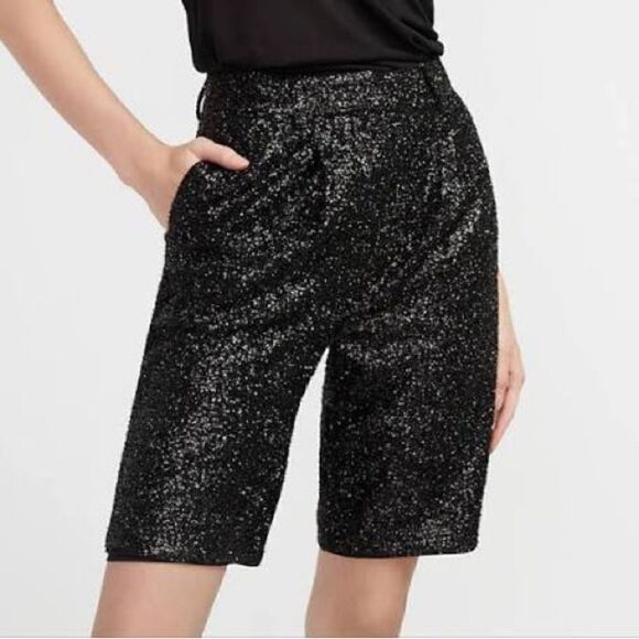 NEW Express Black Sequin High Rise Bermuda Dressy Shorts - Picture 1 of 8